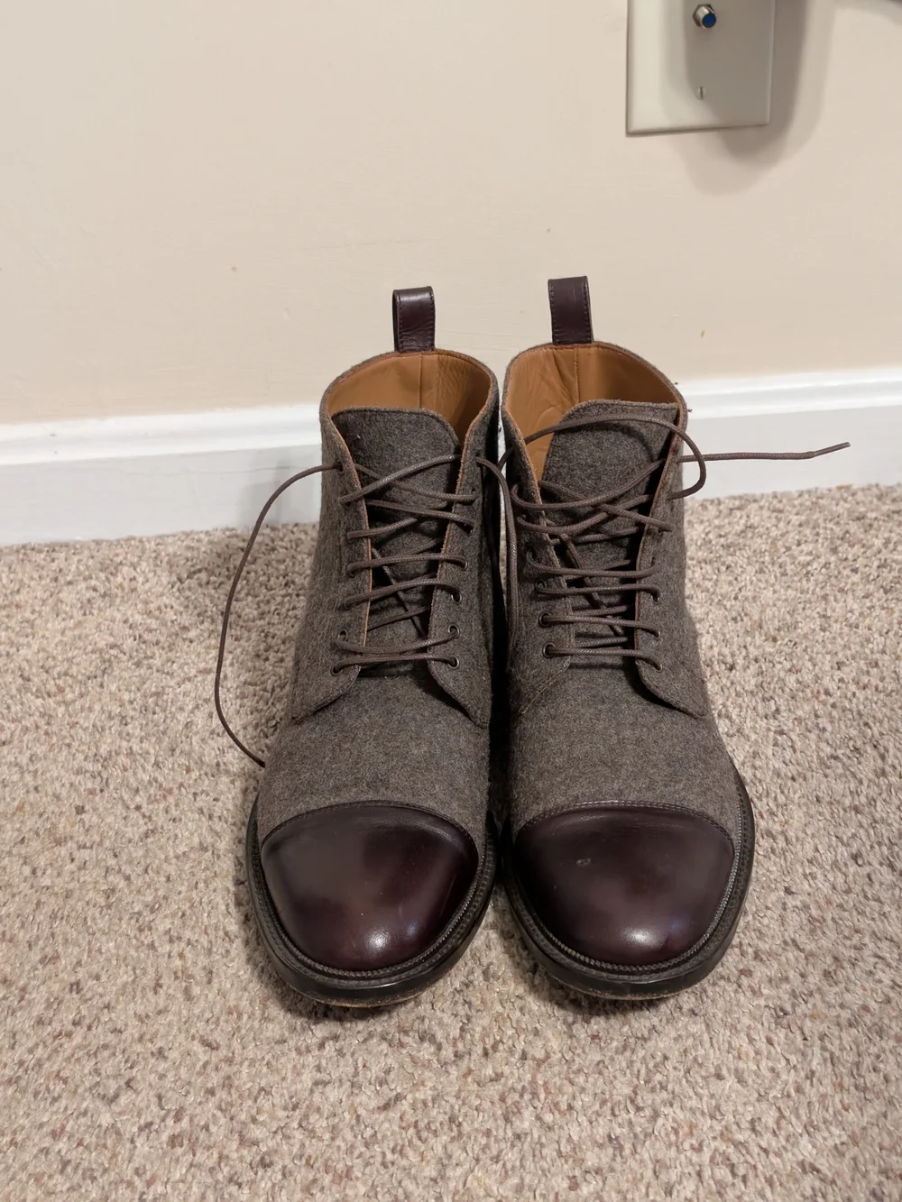 TAFT The Jack Boot Grey Wool Oxblood Leather Cap Toe Boots Mens EU 44 US 11